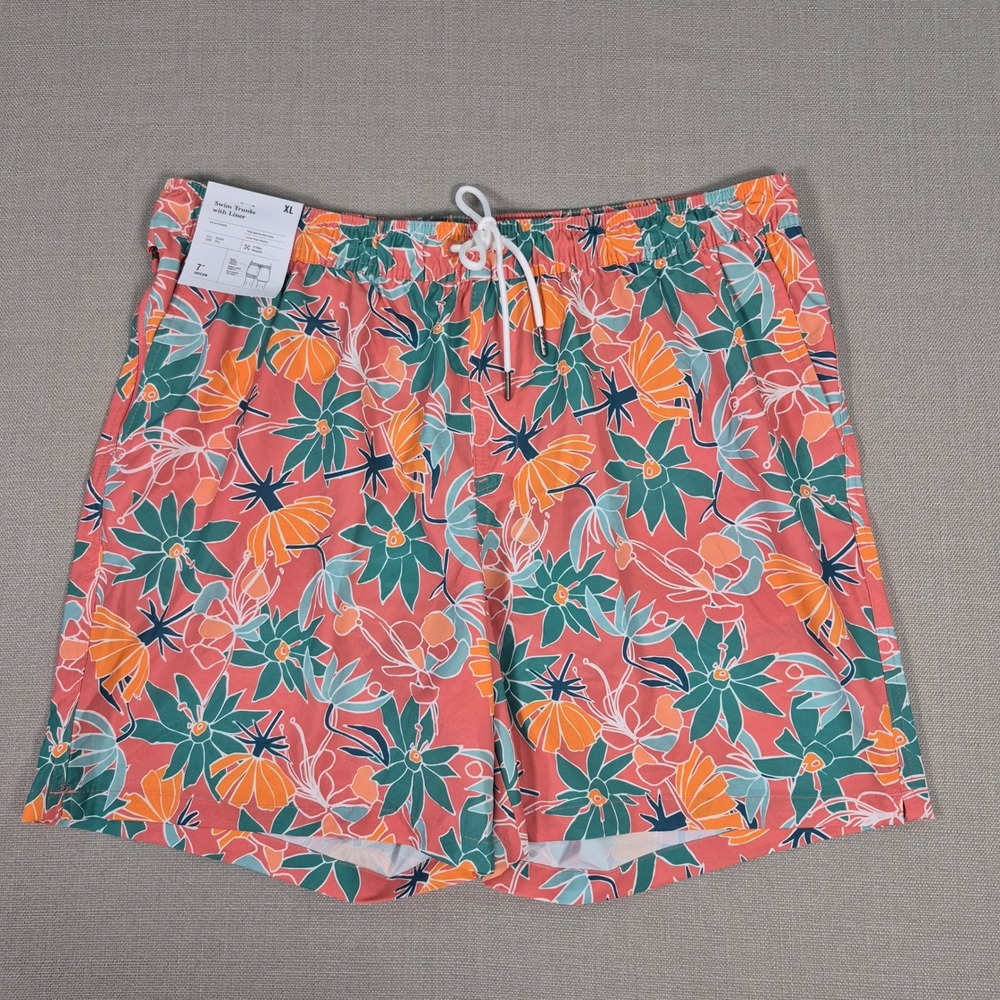 Goodfellow & Co Mens Floral Swim Trunks XL Pink Orange Green 7 Inch Inseam NWT